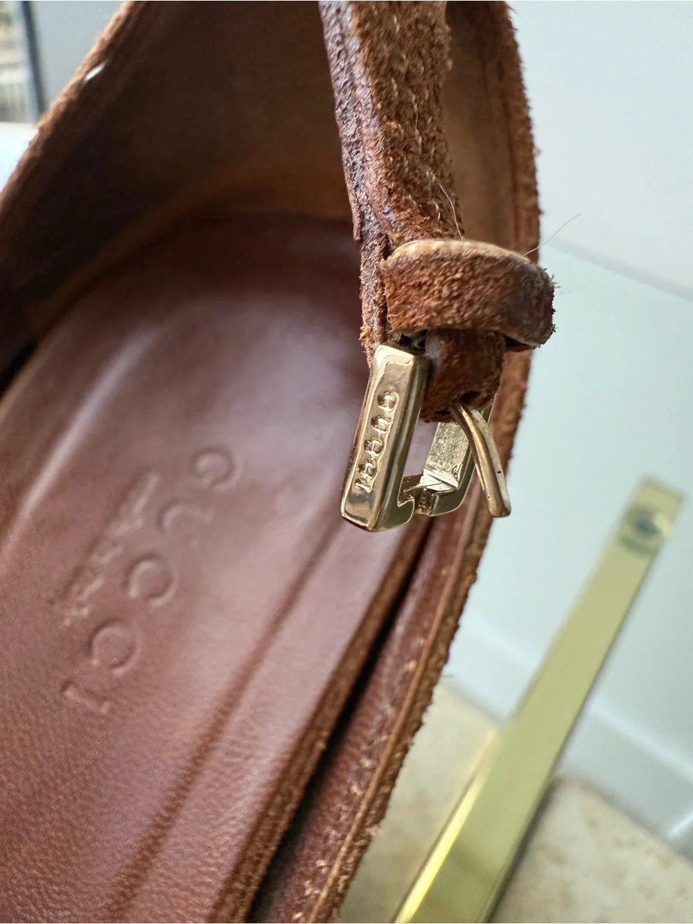 Gucci Brown Suede Peep-Toe Wedge Sandals with Gold US 7.5